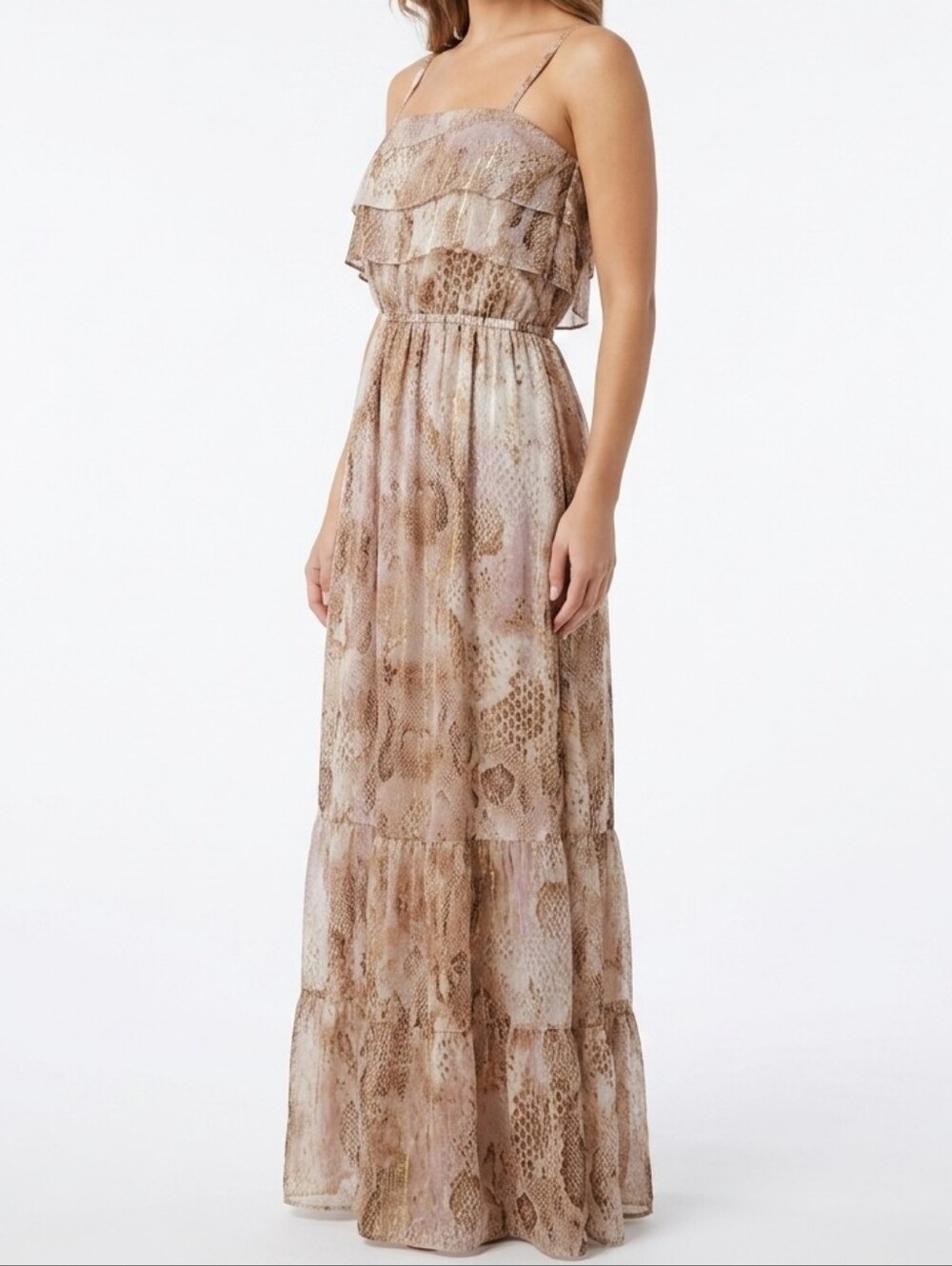 Express Chiffon Tiered Gold Snake Print Sleeveless Maxi Dress Size Medium